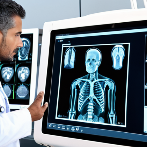 Home 8 **
A doctor and a robot collaboratively analyzing medical images (X-rays, MRIs) on a screen. The scene should convey a sense of teamwork and futuristic medicine. Focus on the human-AI partnership for better diagnostics. Consider adding Arabic script subtly in the background, perhaps on medical charts.
**